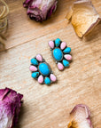 Sterling Silver Pink Conch & Kingman Turquoise Half Cluster Earrings – Native Made by E. Richards (Navajo Artist)