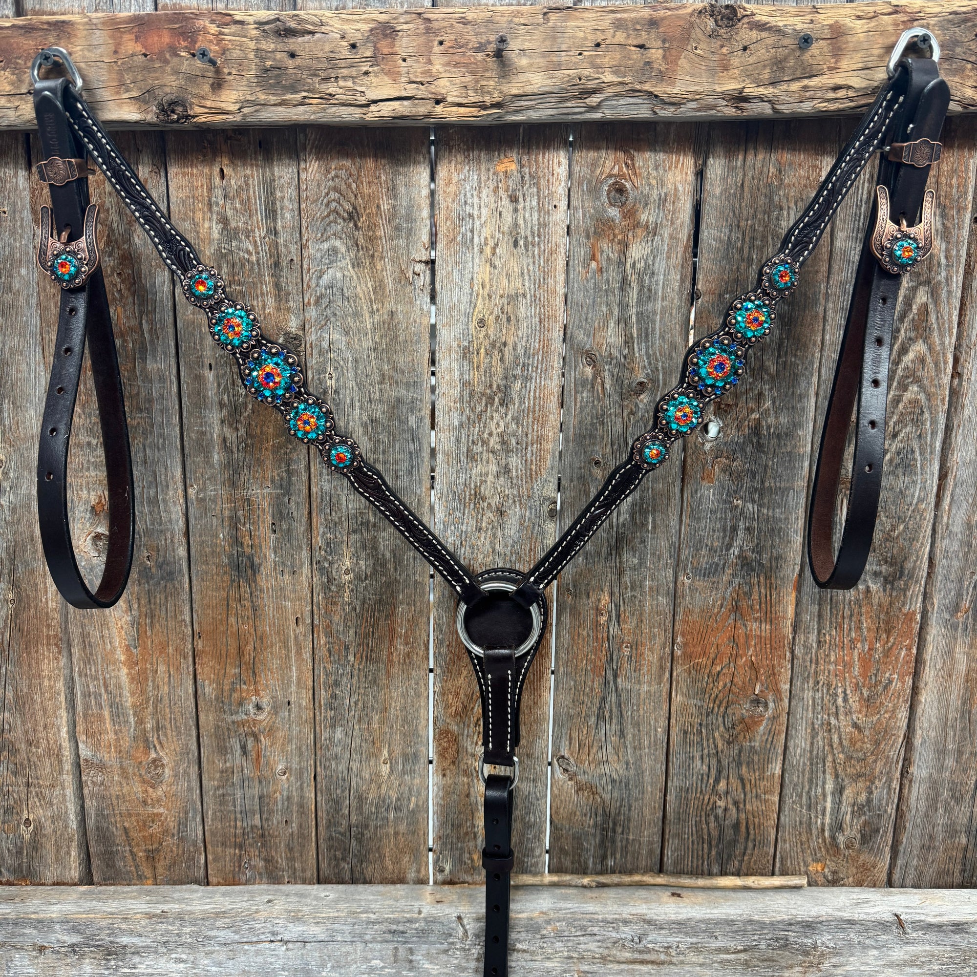Dark Oil Floral Capri, Fire Opal, Teal Browband/One Ear Breastcollar Tack Set 