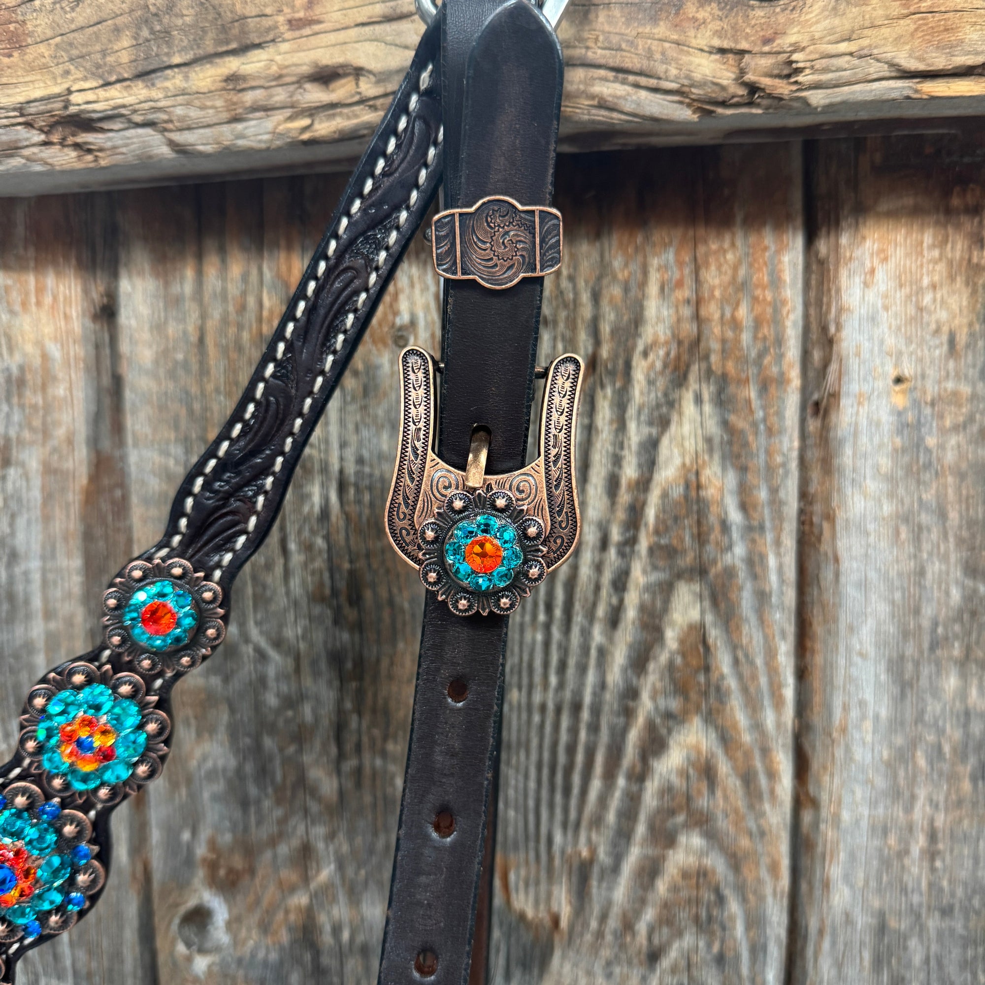 Dark Oil Floral Capri, Fire Opal, Teal Browband/One Ear Breastcollar Tack Set 