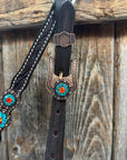 Dark Oil Floral Capri, Fire Opal, Teal Browband/One Ear Breastcollar Tack Set 