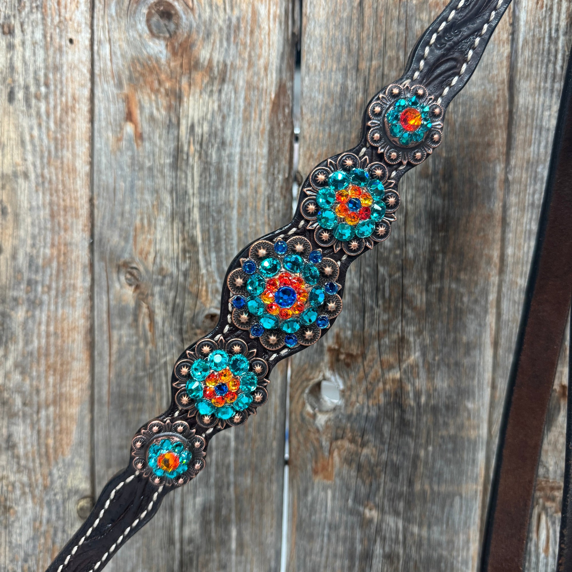 Dark Oil Floral Capri, Fire Opal, Teal Browband/One Ear Breastcollar Tack Set 