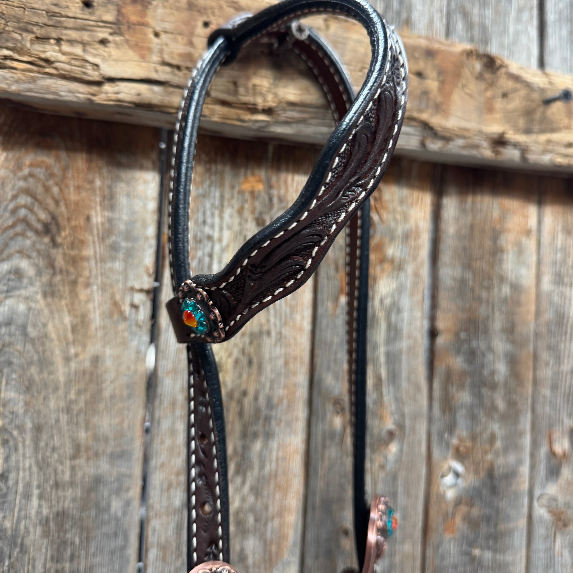 Dark Oil Floral Capri, Fire Opal, Teal Browband/One Ear Breastcollar Tack Set 