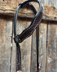 Dark Oil Floral Capri, Fire Opal, Teal Browband/One Ear Breastcollar Tack Set 