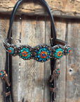 Dark Oil Floral Capri, Fire Opal, Teal Browband/One Ear Breastcollar Tack Set 