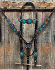 Dark Oil Floral Capri, Fire Opal, Teal Browband/One Ear Breastcollar Tack Set 