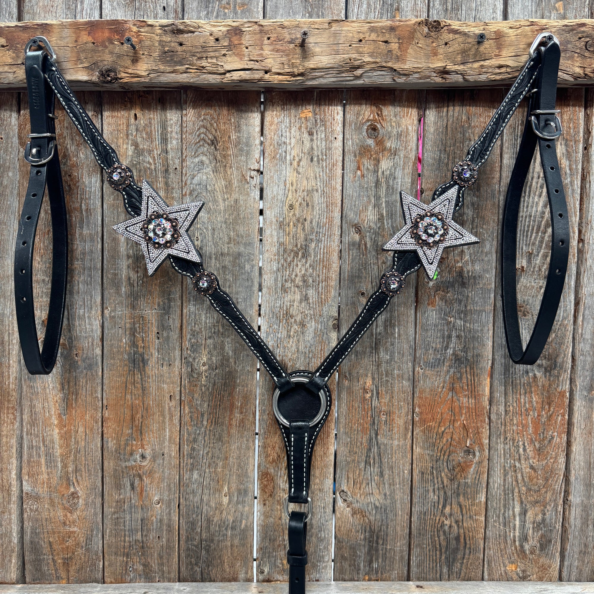Black Oil Floral Jet and Stars Browband/One Ear Breastcollar Tack Set 