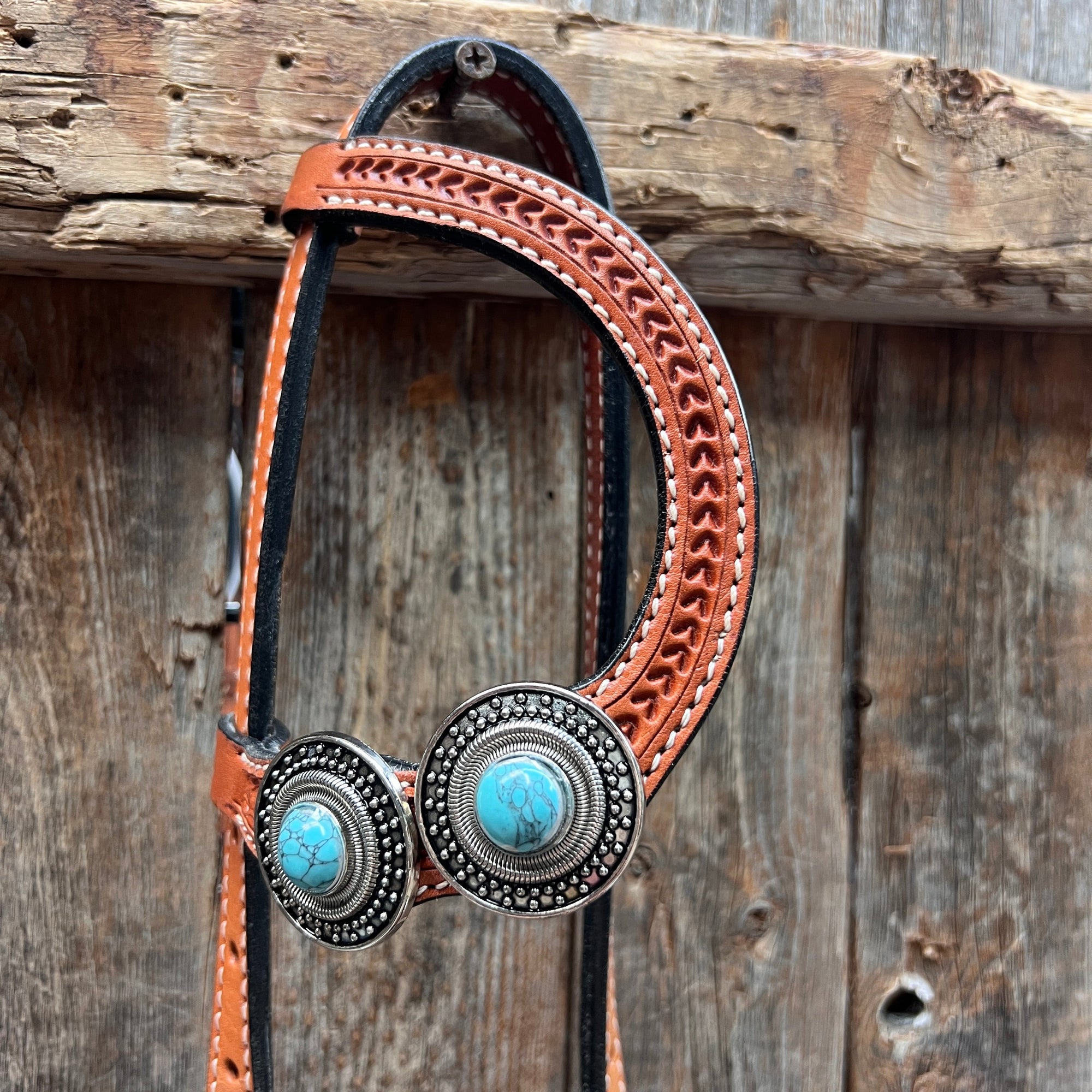 Light Oil Basketweave Turquoise and Dots Browband/One Ear Tack Set  