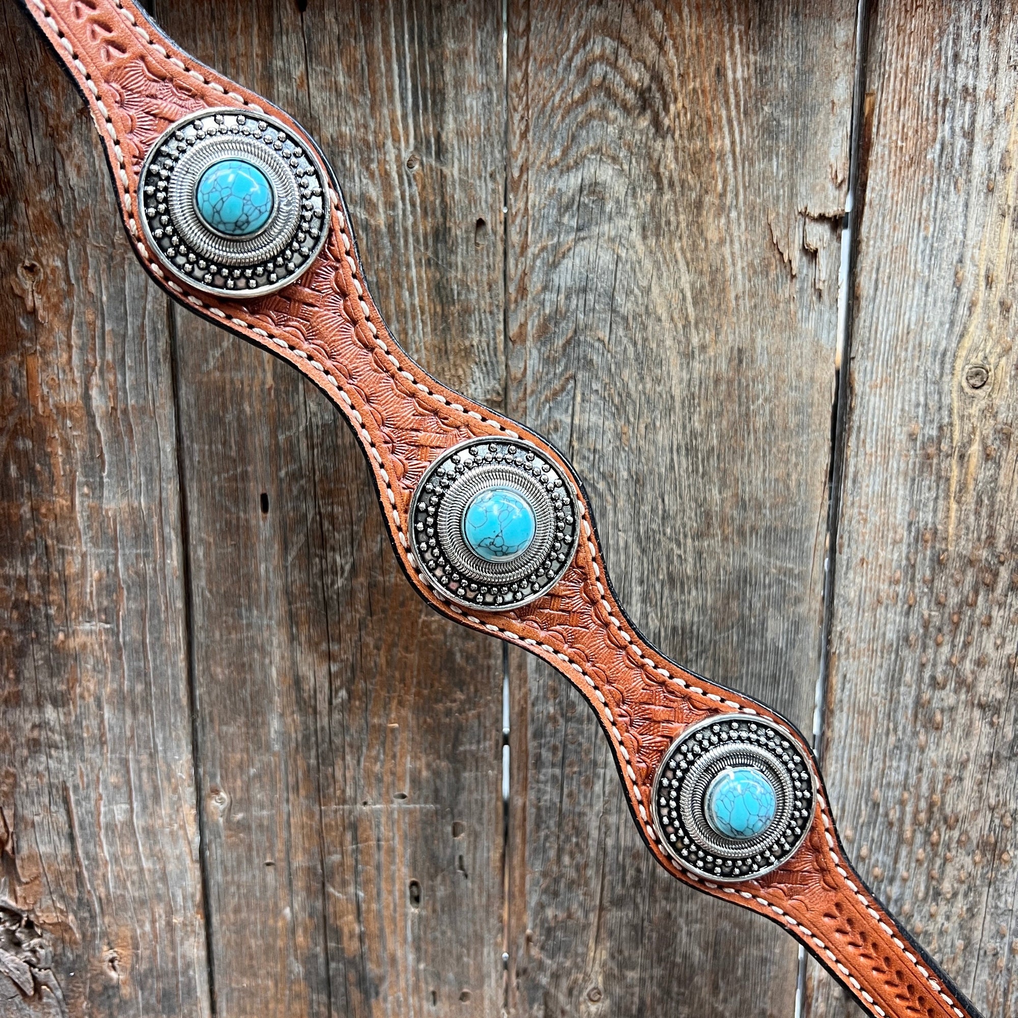 Light Oil Basketweave Turquoise and Dots Browband/One Ear Tack Set  