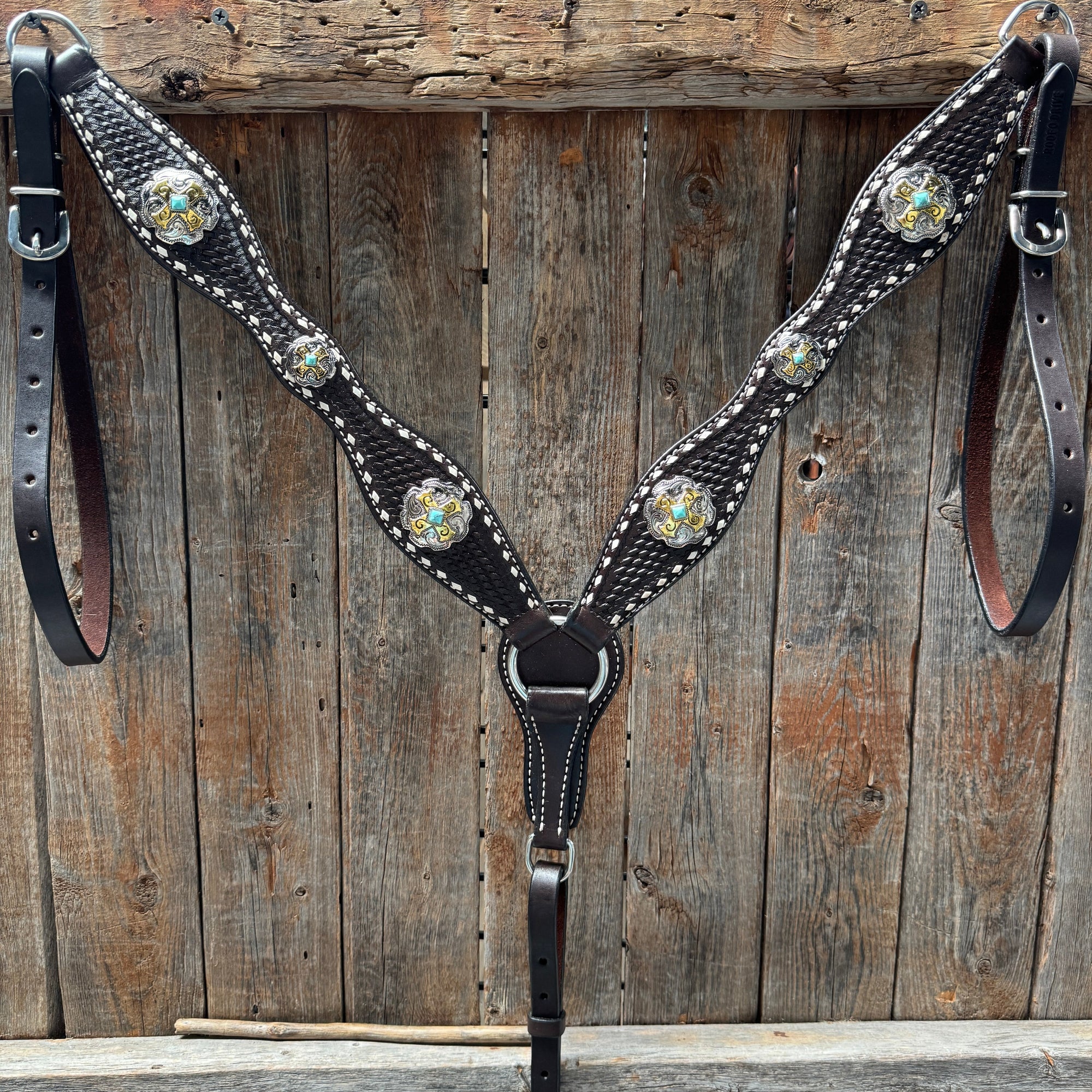 Dark Oil Buckstitch Gold Cross Browband/One Ear and Breastcollar Tack Set 