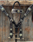 Dark Oil Buckstitch Gold Cross Browband/One Ear and Breastcollar Tack Set 