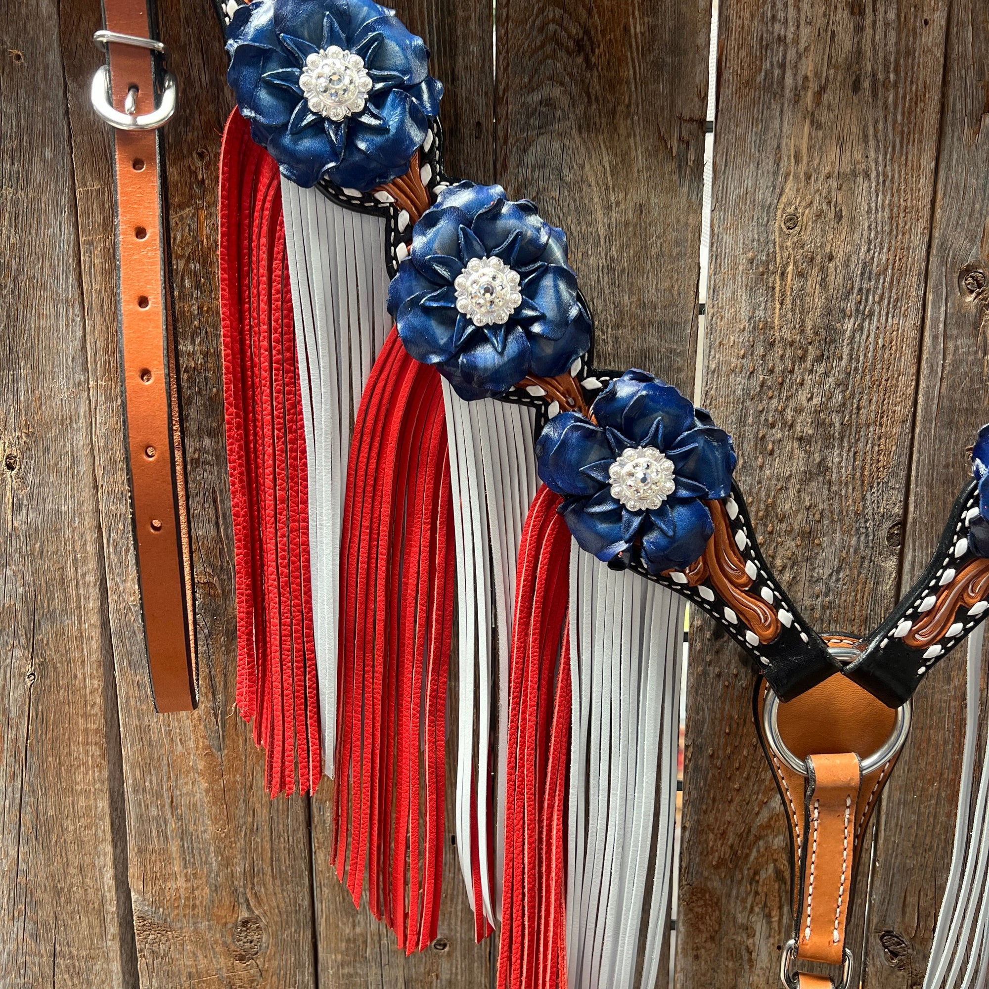 Classic Red, White and Blue Browband/One Ear Tack Set  