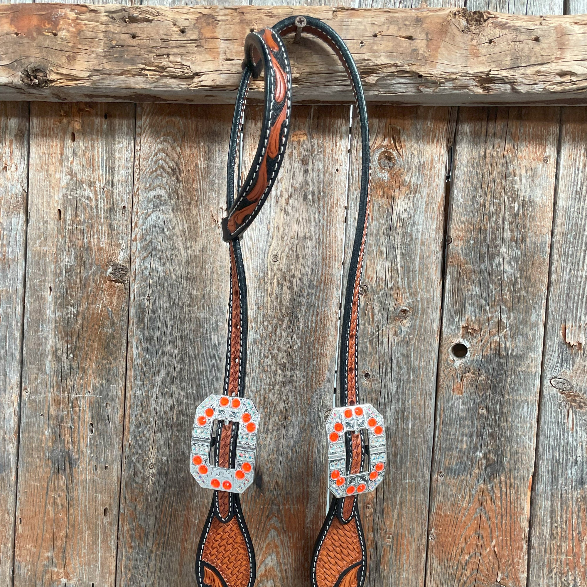 Two Tone Leaf Neon Orange Browband/One Ear Headstall &amp; Breastcollar Tack Set 