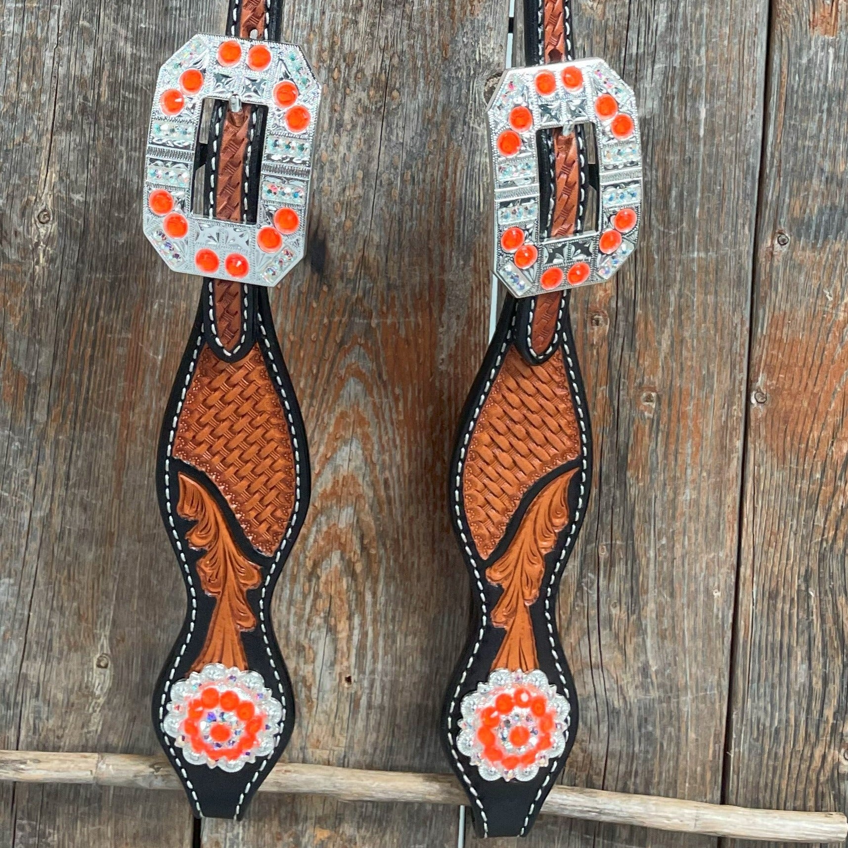 Two Tone Leaf Neon Orange Browband/One Ear Headstall &amp; Breastcollar Tack Set 