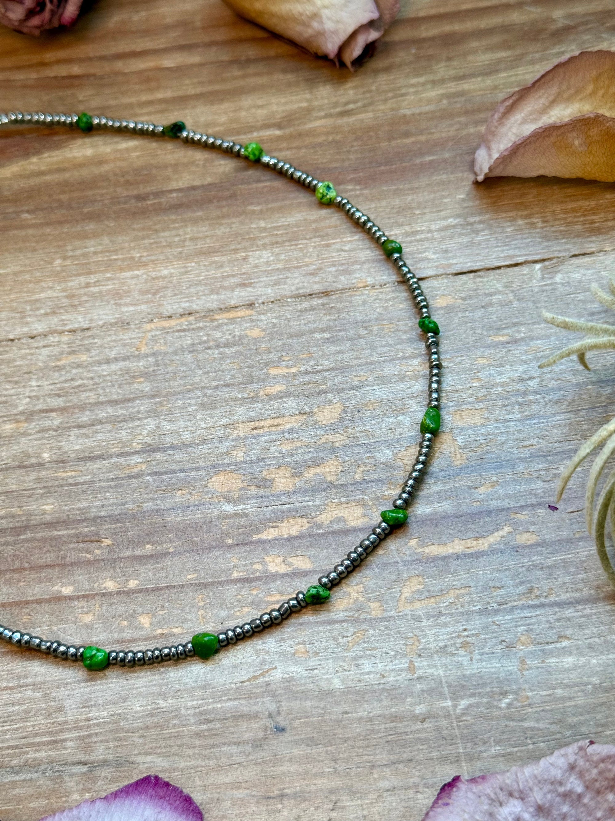 Green Turquoise Glass Seed Bead Necklace – 14 Inch