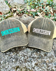Smokeshow Trucker Hat Distressed Black Embroidered Pink or Aqua