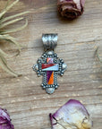 Sterling Silver Multi-Stone Inlay Cross Pendant – Mother of Pearl & Spiny Oyster – Handmade by Artist Shay Pfeiffer