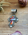 Sterling Silver Multi-Stone Inlay Cross Pendant – Mother of Pearl & Spiny Oyster – Handmade by Artist Shay Pfeiffer
