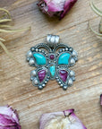 Sterling Silver Butterfly Pendant with Kingman Turquoise & Purple Spiny Oyster – Handmade by Artist Shay Pfeiffer