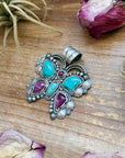 Sterling Silver Butterfly Pendant with Kingman Turquoise & Purple Spiny Oyster – Handmade by Artist Shay Pfeiffer
