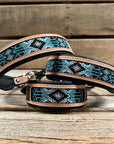 Tooled Light Blue and Black Leather Beaded Dog Collar 
