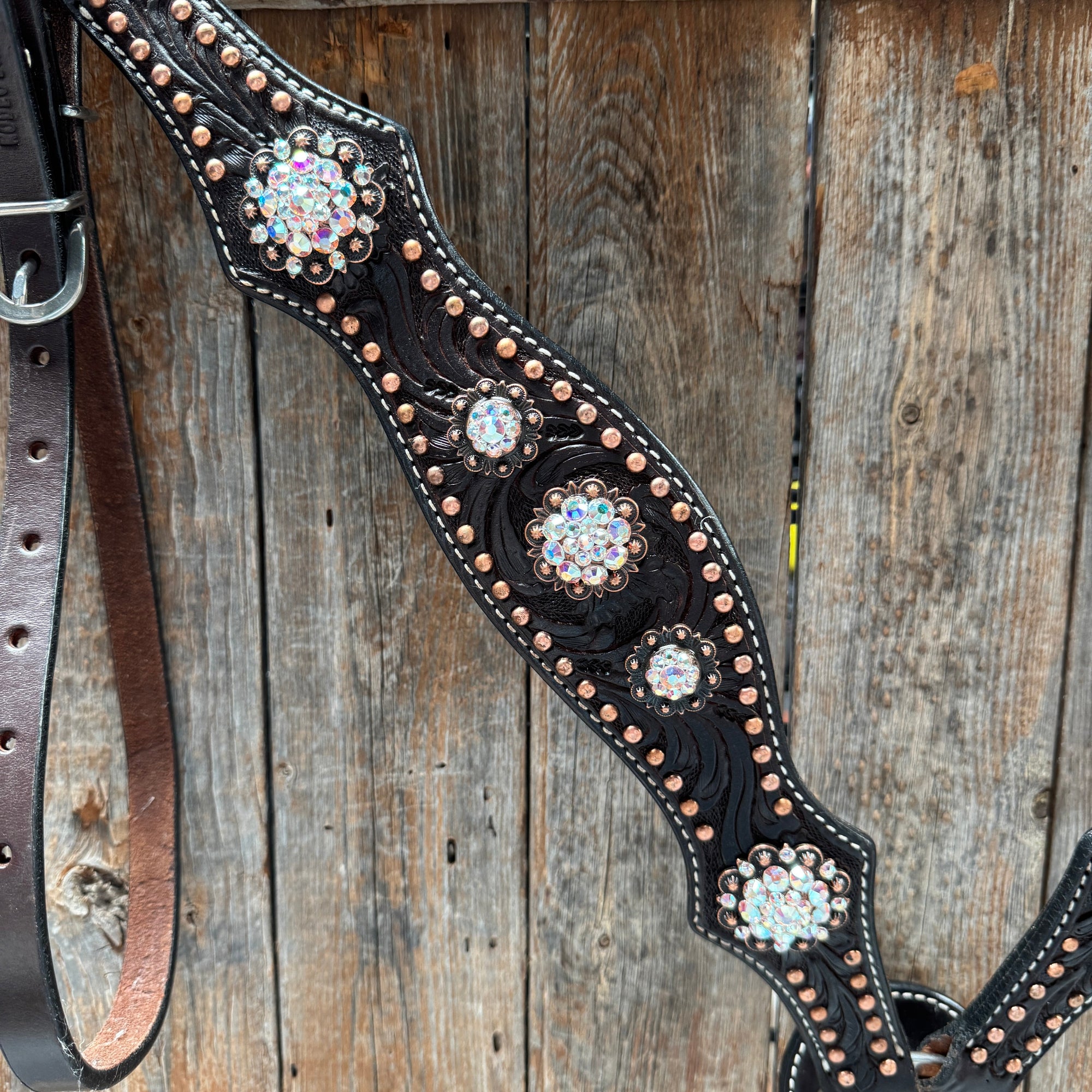 Dark Oil Floral Copper Dot AB One Ear / Breastcollar Tack Set 
