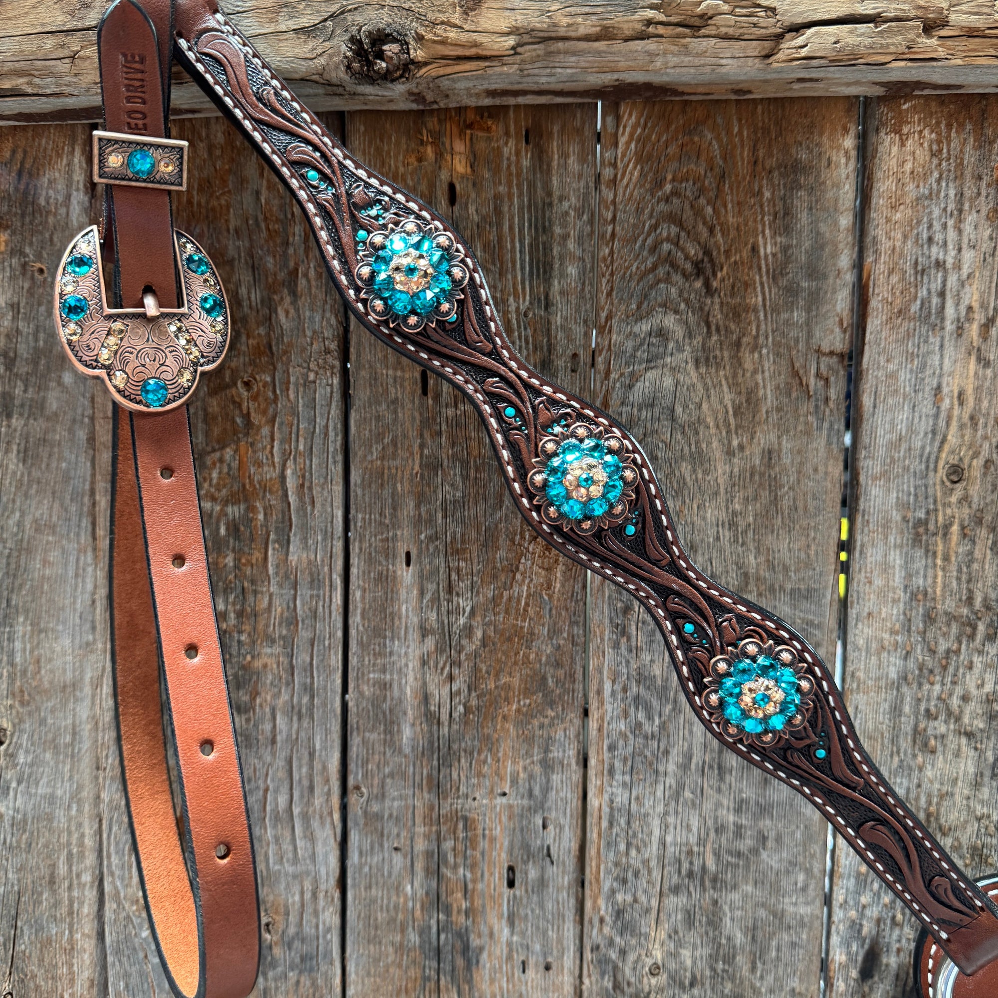 Medium Floral Teal Dot Teal and Champagne One Ear Headstall - Breastcollar Tack Set 