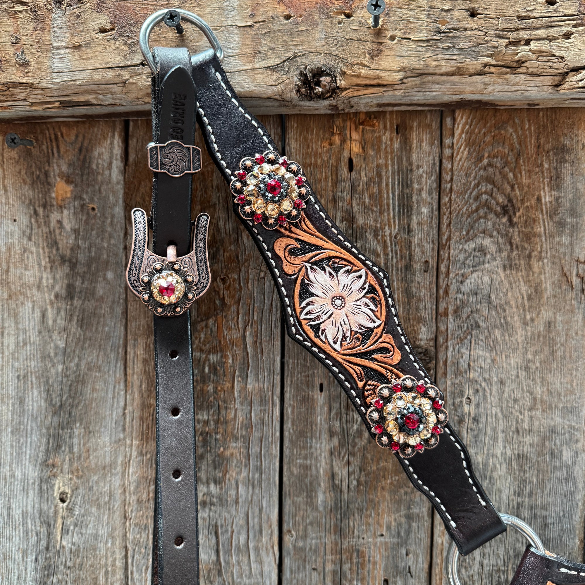 Triple Tone Floral Ruby, Jet and Champagne Browband - Triangle / Gladiator Breastcollar Tack Set 