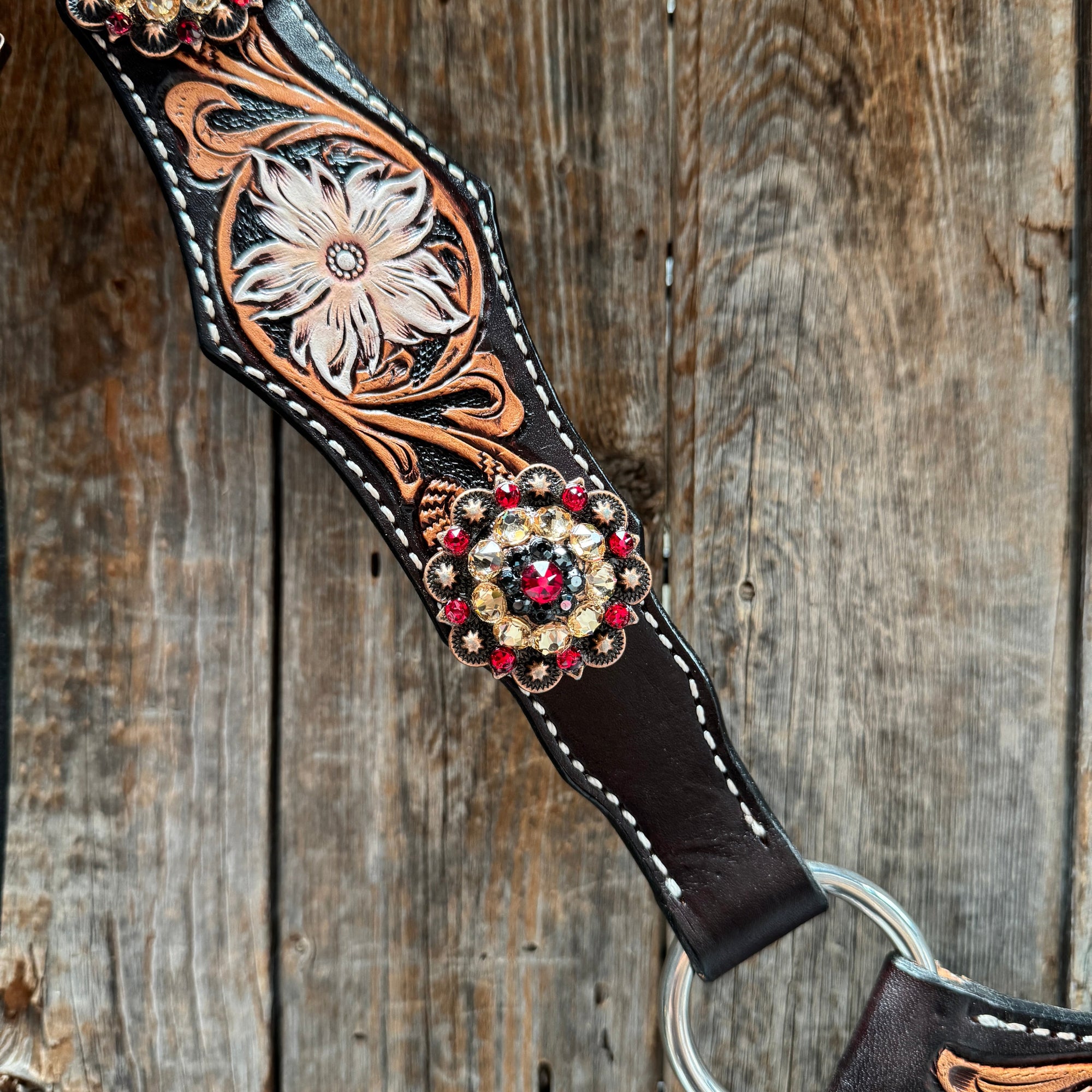 Triple Tone Floral Ruby, Jet and Champagne Browband - Triangle / Gladiator Breastcollar Tack Set 