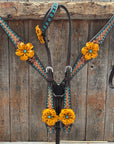 Multi Flower Gardenia & Turquoise One Ear - Breastcollar Tack Set 