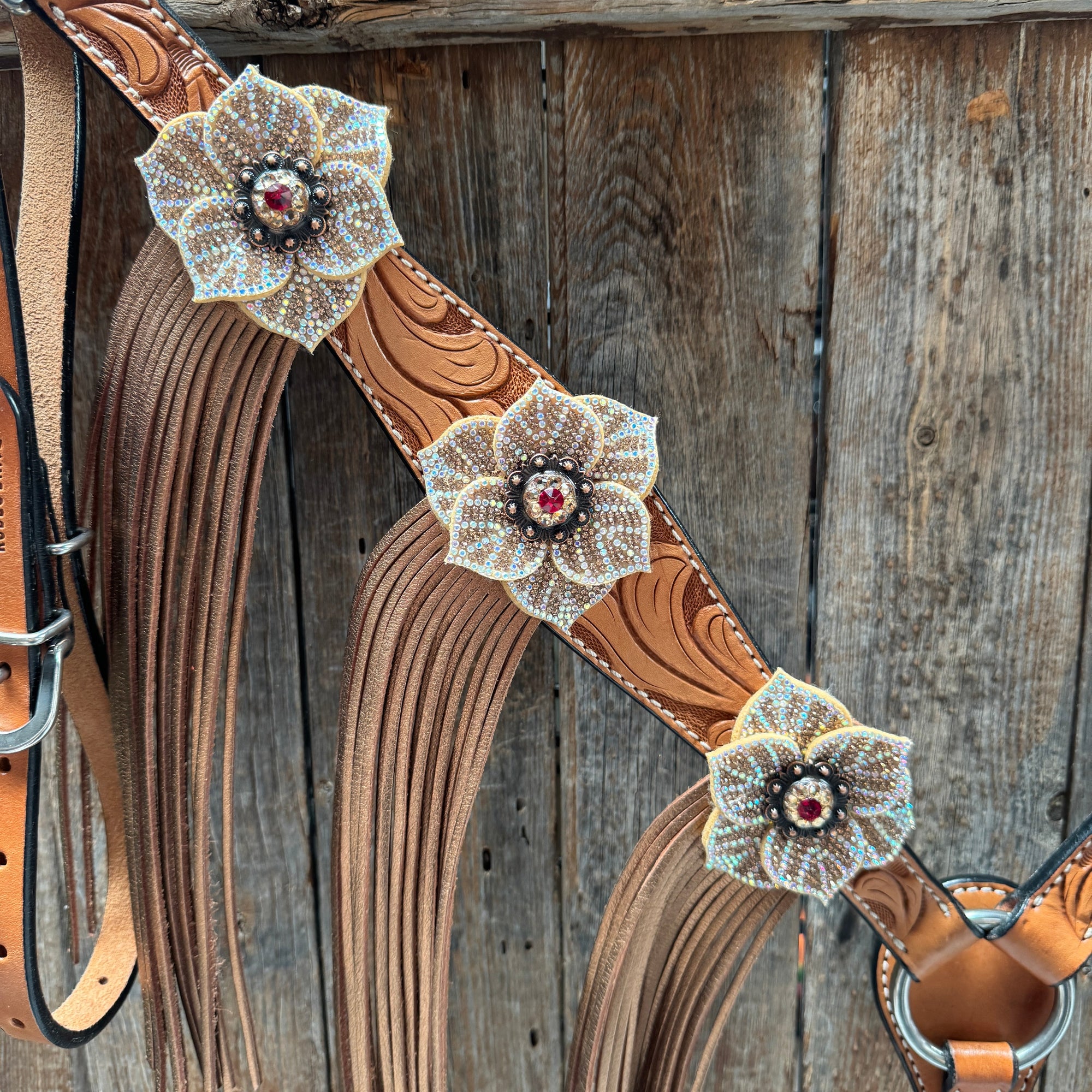 Light Oil Floral Tooled Ruby and Champagne Browband &amp; Breastcollar Tack Set 