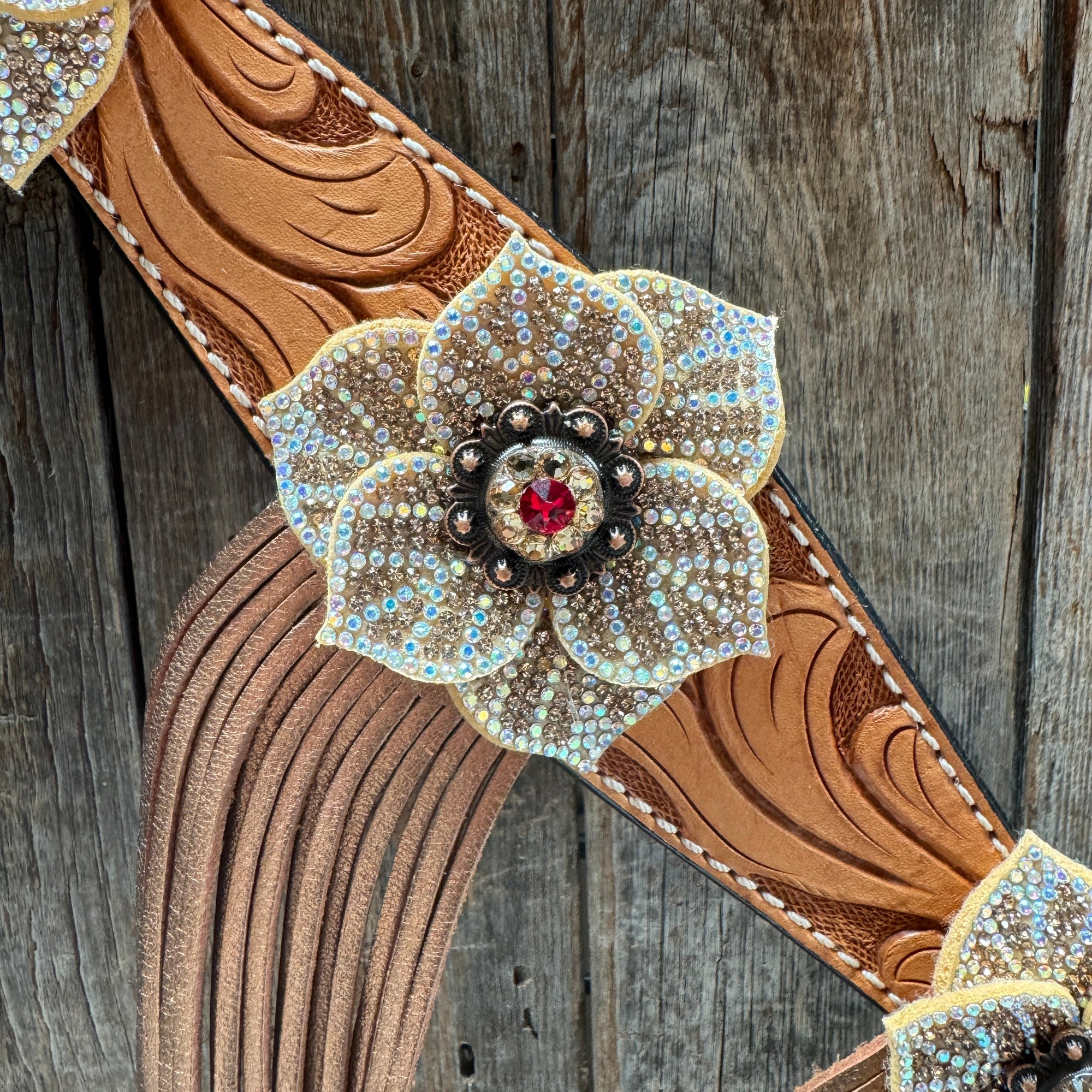 Light Oil Floral Tooled Ruby and Champagne Browband &amp; Breastcollar Tack Set 
