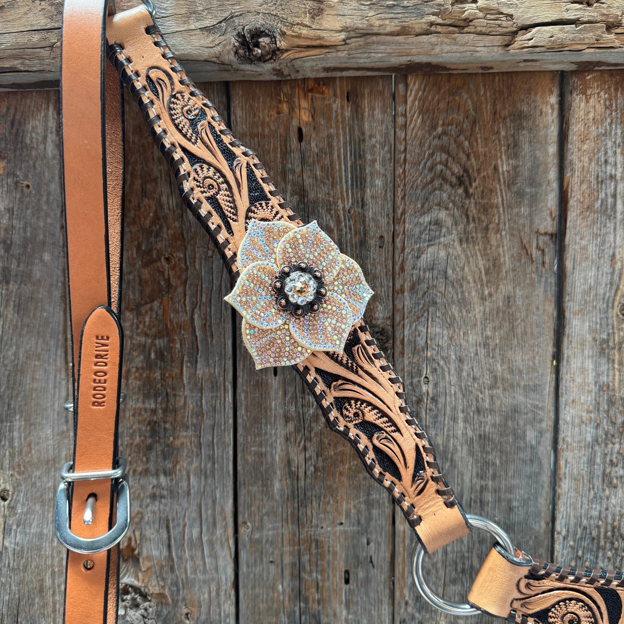 Floral Whipstitch Champagne and Clear Browband - Triangle / Gladiator Breastcollar Tack Set 