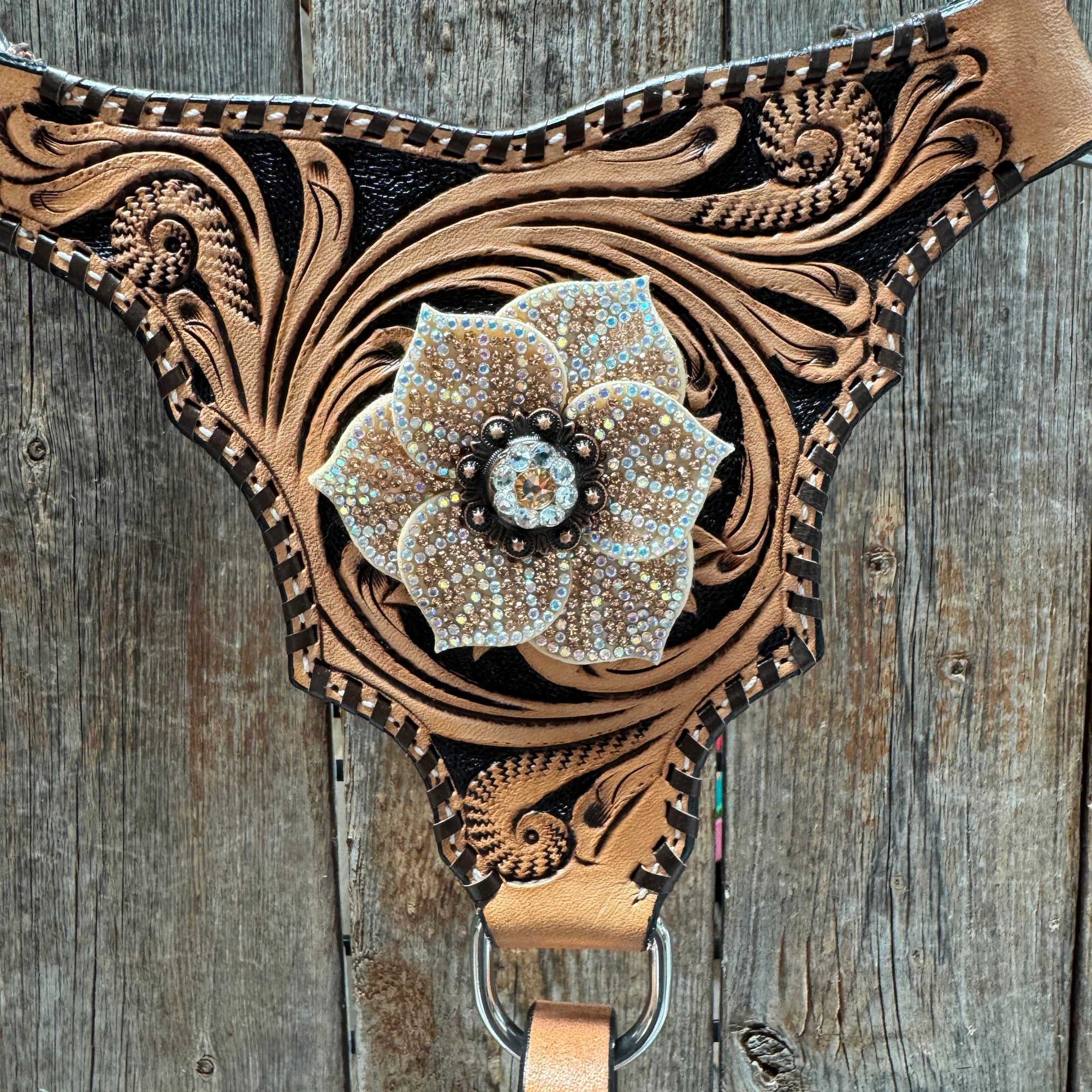 Floral Whipstitch Champagne and Clear Browband - Triangle / Gladiator Breastcollar Tack Set 