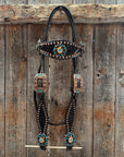 Dark Oil Floral Copper Dot Teal and Champagne Browband / Breastcollar Tack Set 