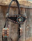 Dark Oil Floral Copper Dot Teal and Champagne Browband / Breastcollar Tack Set 