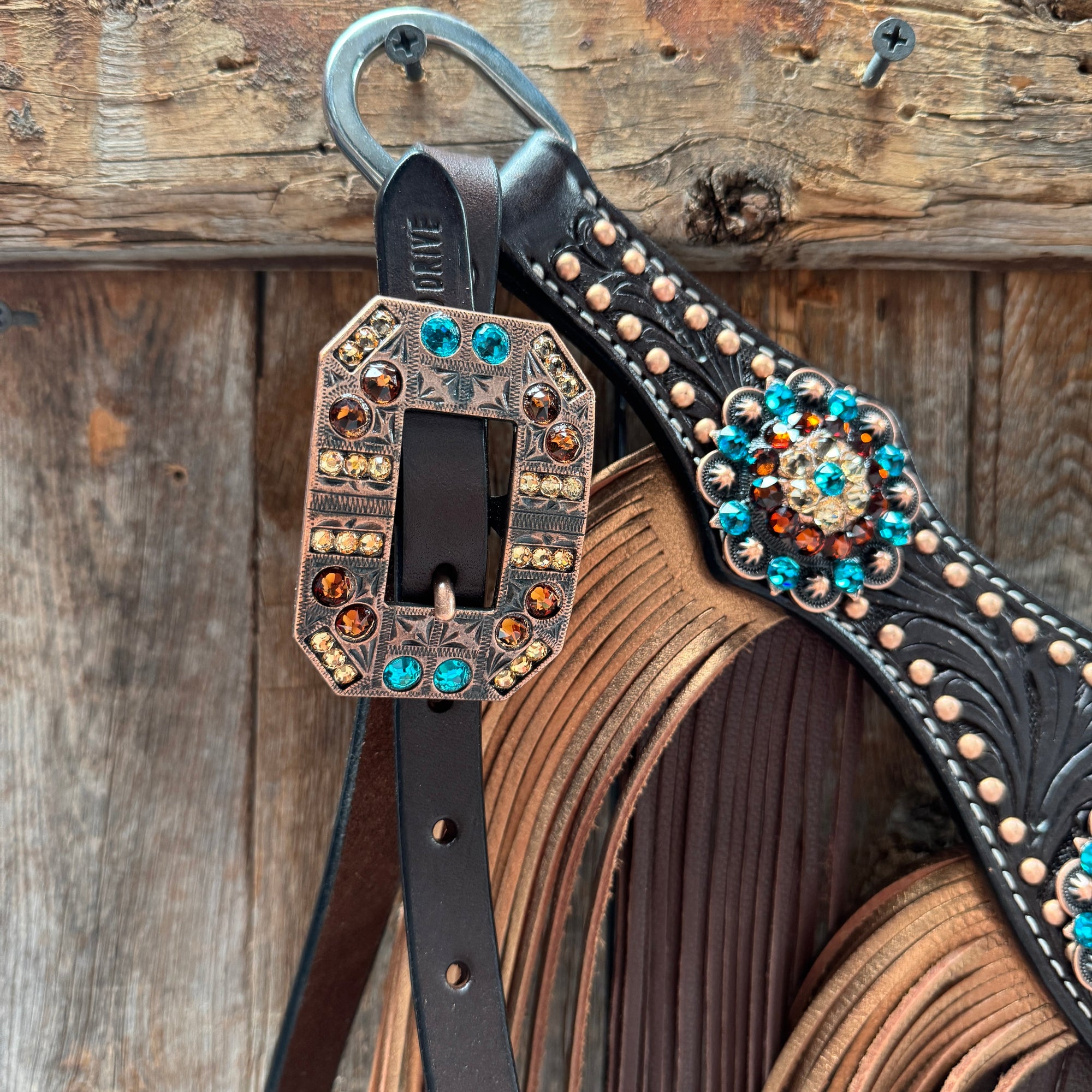 Dark Oil Floral Copper Dot Teal and Champagne Browband / Breastcollar Tack Set 