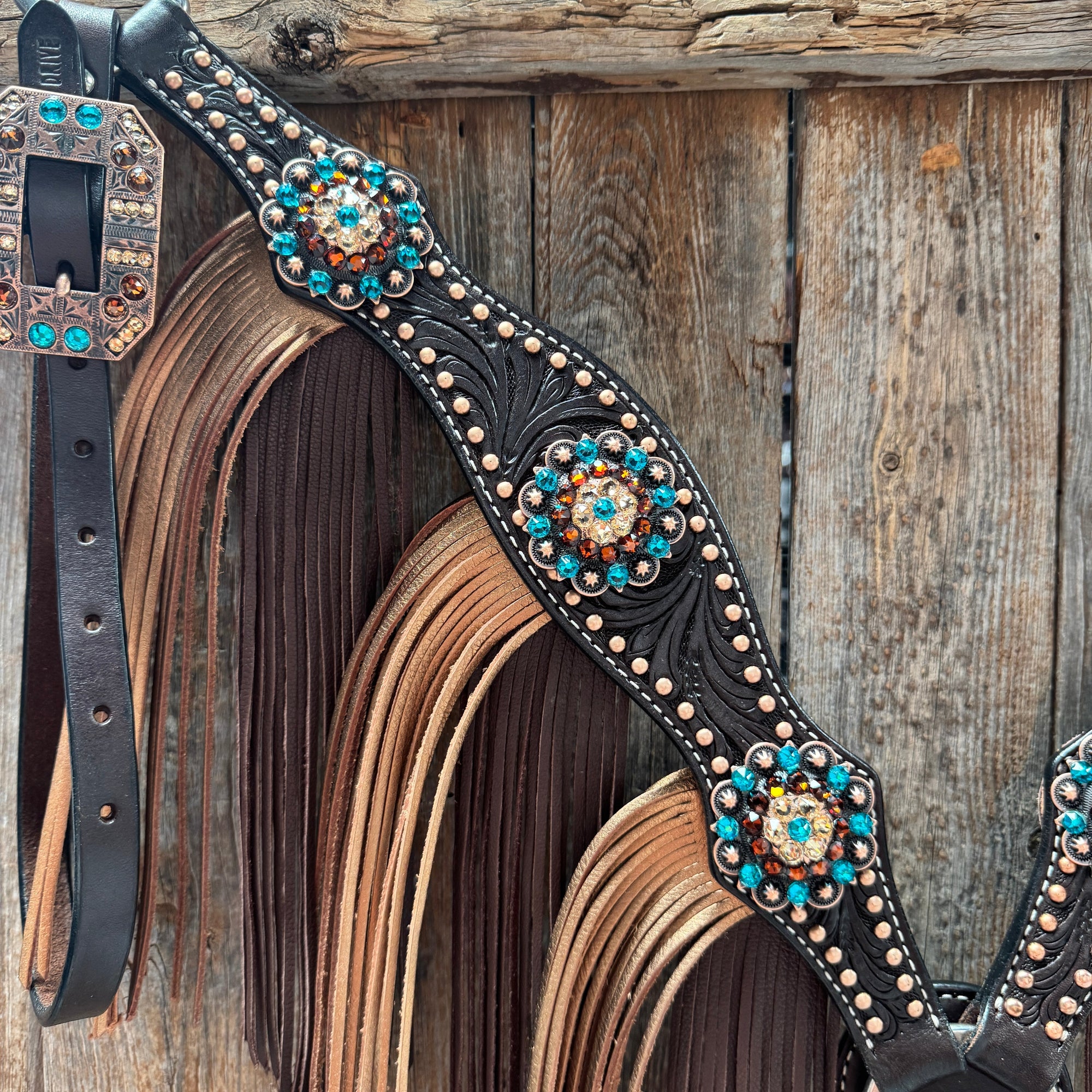 Dark Oil Floral Copper Dot Teal and Champagne Browband / Breastcollar Tack Set 