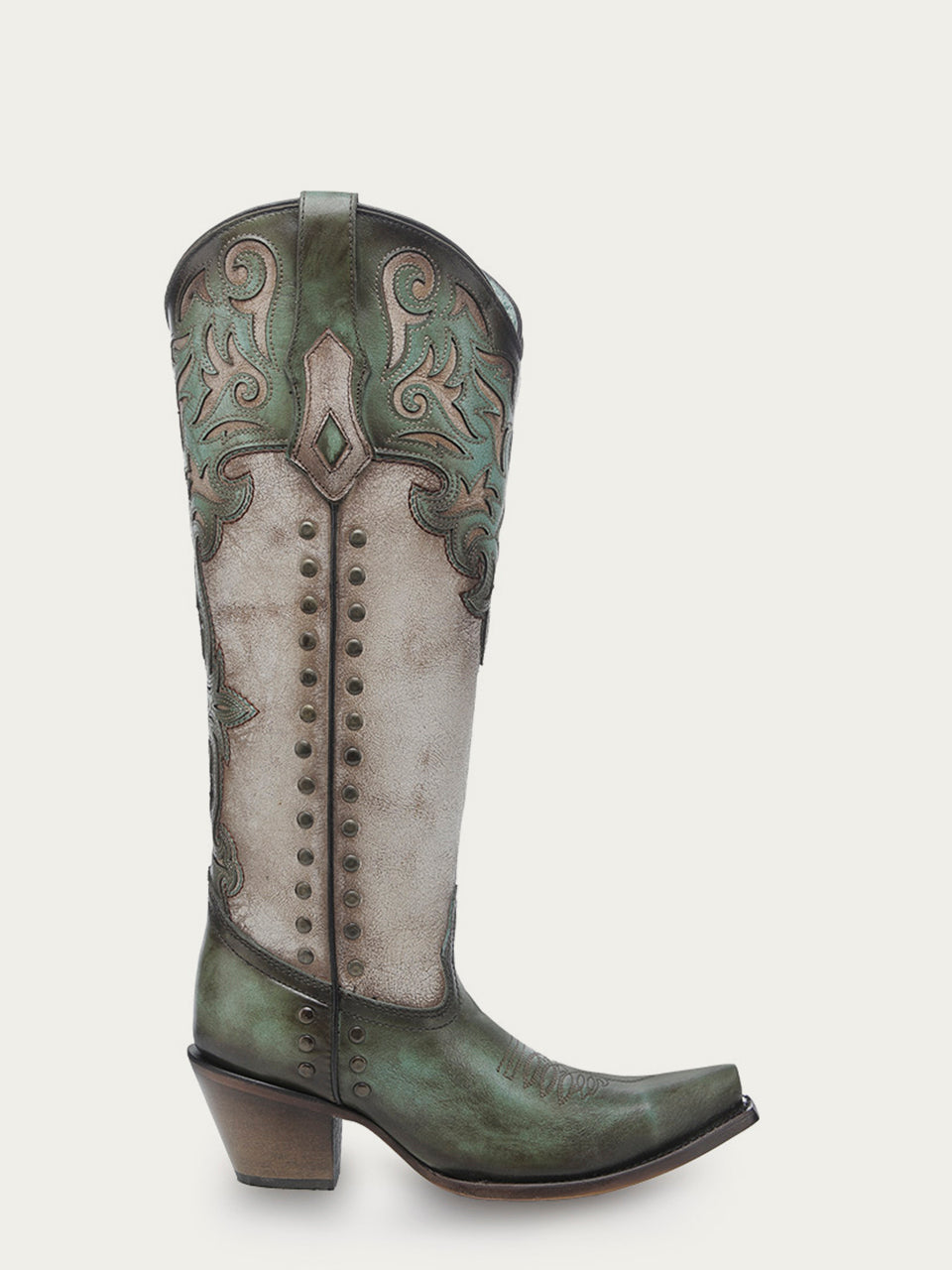 C4219 - WOMEN&#39;S TURQUOISE OVERLAY EMBROIDERY AND STUDS TALL TOP BONE SNIP TOE COWBOY BOOT