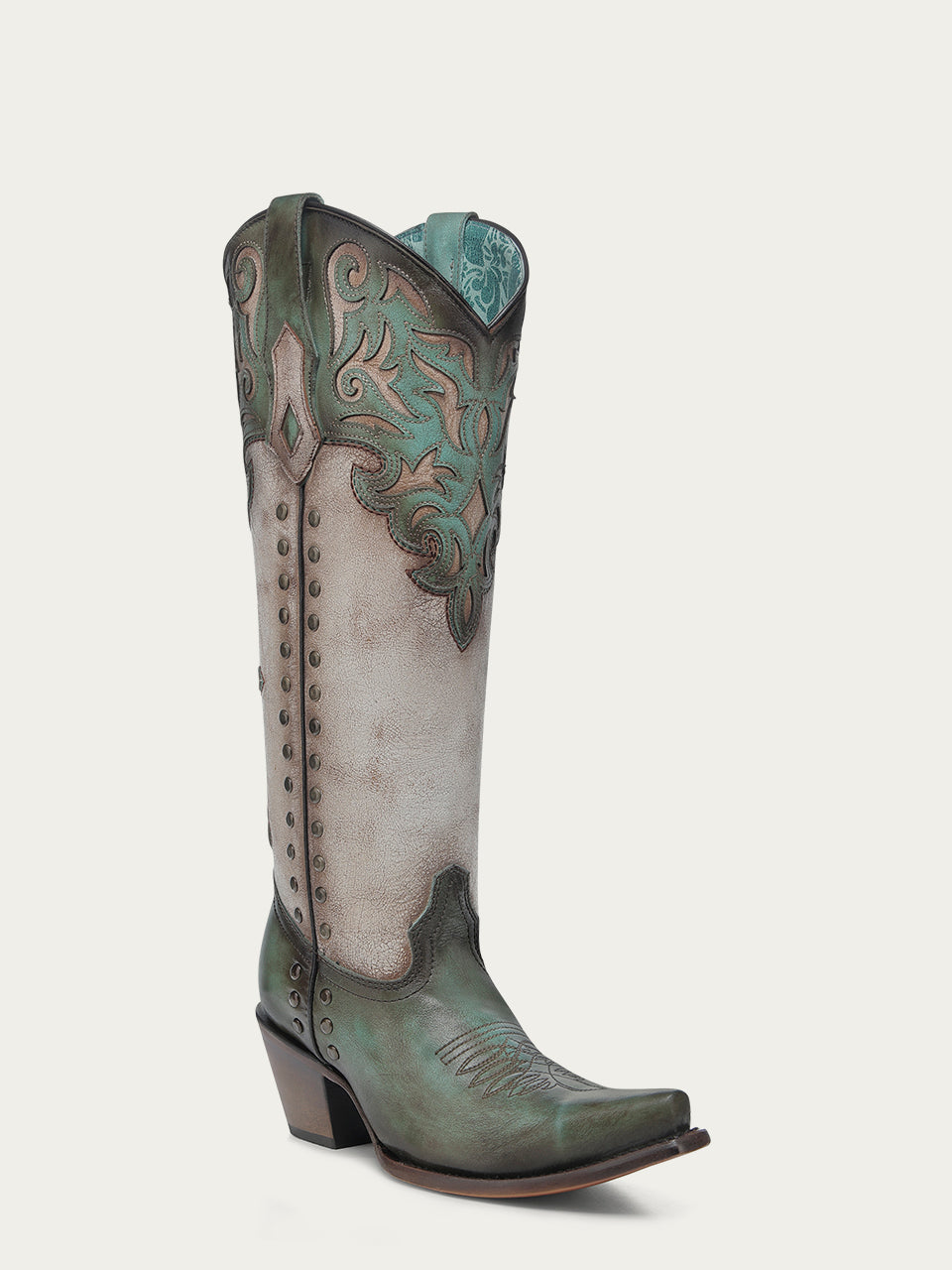 C4219 - WOMEN&#39;S TURQUOISE OVERLAY EMBROIDERY AND STUDS TALL TOP BONE SNIP TOE COWBOY BOOT