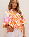 Armani Leopard Puff Sleeve Split Neck Blouse