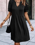 Kaitlyn Notched Neck Pleated Puff Sleeve Shift T-shirt Dress