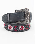 Mens Genuine Leather Aztec Embroidery Belt - Black