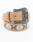 Mens Genuine Leather Aztec Embroidery Belt - Brown