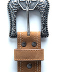 Mens Genuine Leather Aztec Embroidery Belt - Brown