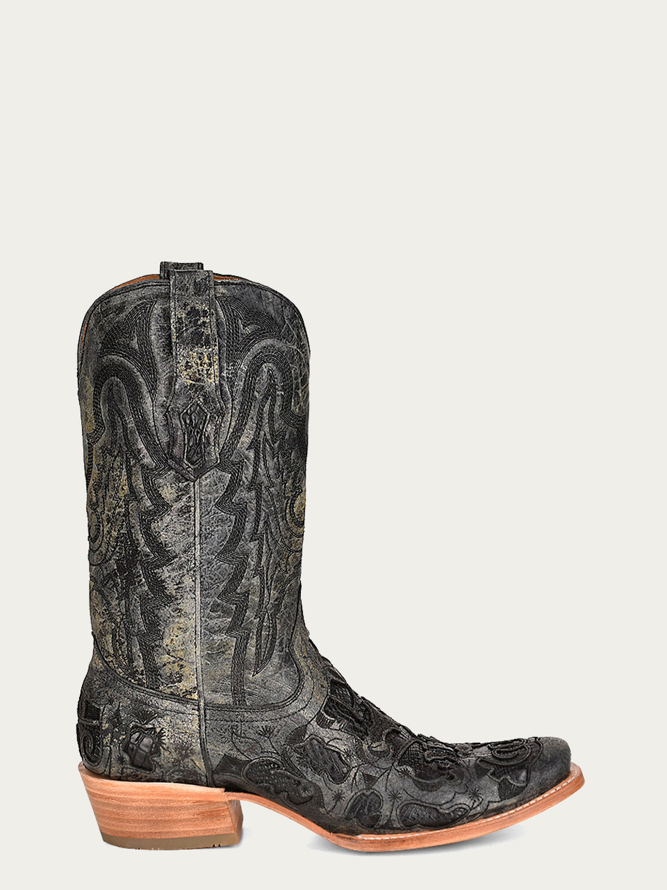 A4338 - MEN&#39;S BLACK ALLIGATOR INLAY EMBROIDERY NARROW SQUARE TOE COWBOY BOOT