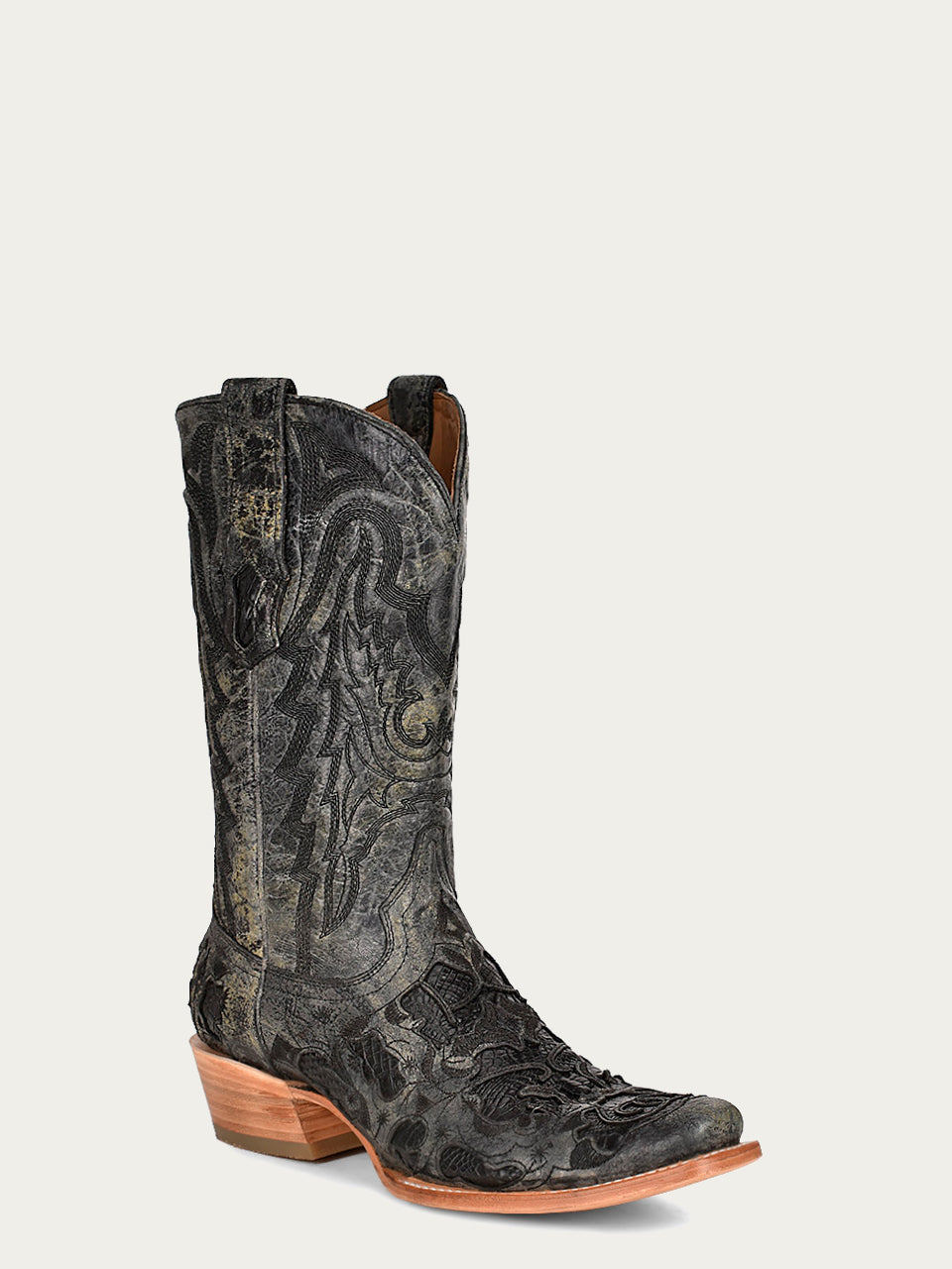 A4338 - MEN&#39;S BLACK ALLIGATOR INLAY EMBROIDERY NARROW SQUARE TOE COWBOY BOOT