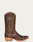 A4337 - MEN'S CHOCOLATE ALLIGATOR INLAY AND EMBROIDERY NARROW SQUARE TOE BROWN COWBOY BOOT
