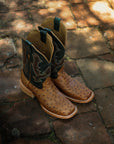 A4533 - MEN'S EMBROIDERY AND TAN OSTRICH VAMP AND COUNTER OLIVE GREEN WIDE SQUARE-TOE COWBOY BOOT