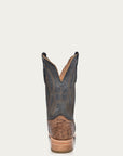A4052 - MEN'S EMBROIDERY BROWN FULL QUILL OSTRICH SQUARE TOE BLUE COWBOY BOOT