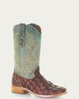 A4048 - MEN'S EMBROIDERY BROWN PIRARUCU TURQUOISE SQUARE TOE RODEO COWBOY BOOT